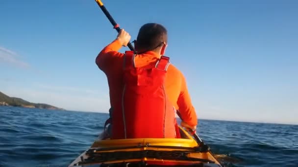 Hombre remando en kayak de mar. Vista trasera del kayak remando kayak de travesía  - Metraje, vídeo