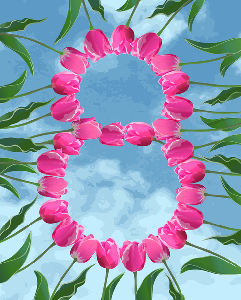 Tarjeta de Día de la Mujer con tulipanes y cielo
 - Vector, Imagen