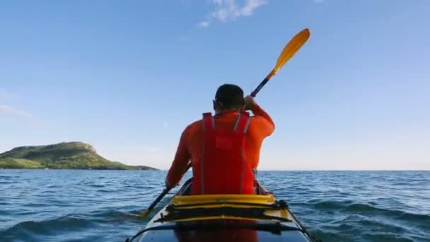 Hombre remando en kayak de mar. Vista trasera del kayak remando kayak de travesía  - Metraje, vídeo
