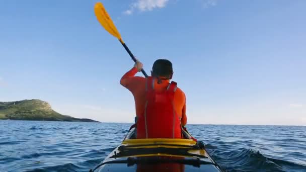 Vista trasera del hombre remando kayak de travesía. Kayak, piragüismo, remo, deportes náuticos - Metraje, vídeo