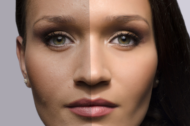 Comparison of a beautiful woman before and after retouching with photoshop, aging versus young, beauty treatment - Photo, image