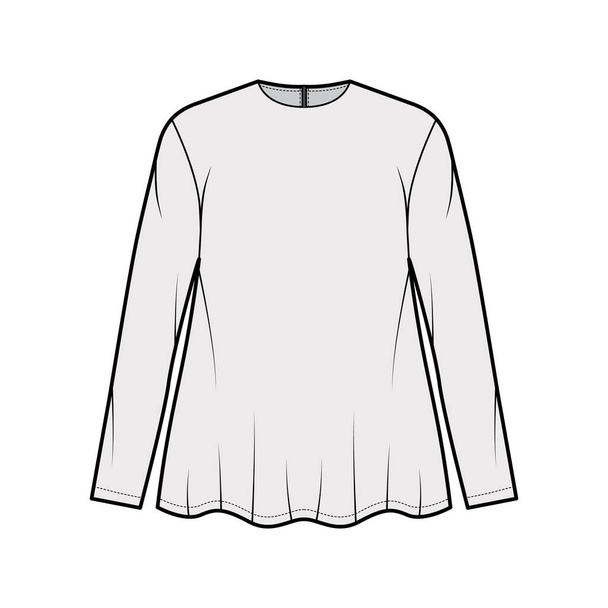 Camisa de novio ilustración técnica de moda con cuello redondo, mangas largas, sobredimensionadas, dobladillo llamarada cierre de cremallera trasera - Vector, Imagen