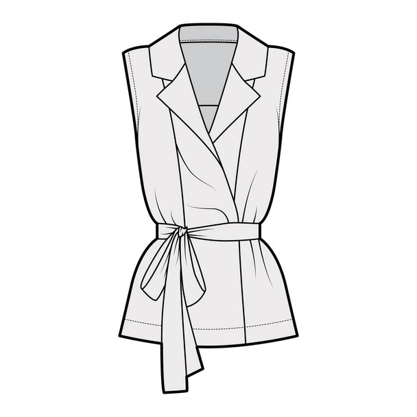 Camicia doppiopetto cintura avvolgente tecnica illustrazione di moda con collo a punta aderente rilassato, senza maniche - Vettoriali, immagini