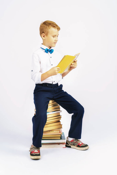 The schoolboy is sitting on books and reading a book. Isolated background. Education concept - Φωτογραφία, εικόνα
