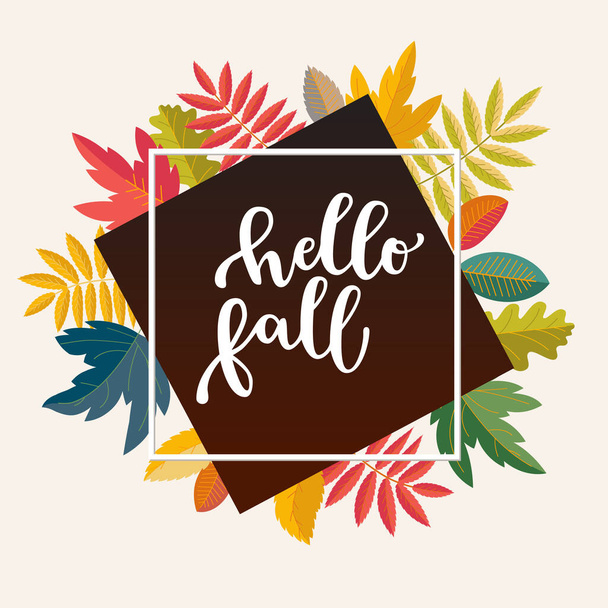 Hello Fall promotion banner for social media marketing, store promotion, stories template. Bright warm colors design. Colorful fall leaves. Vivid optimistic juicy colors. Bouncy lettering. Vector - Διάνυσμα, εικόνα