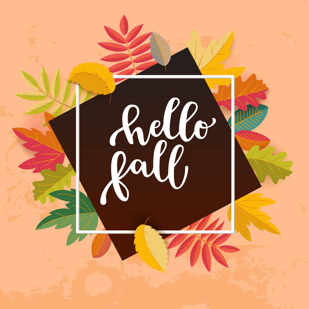 Hello Fall promotion banner for social media marketing, store promotion, stories template. Bright warm colors design. Colorful fall leaves. Vivid optimistic juicy colors. Bouncy lettering. Vector - Vektor, Bild