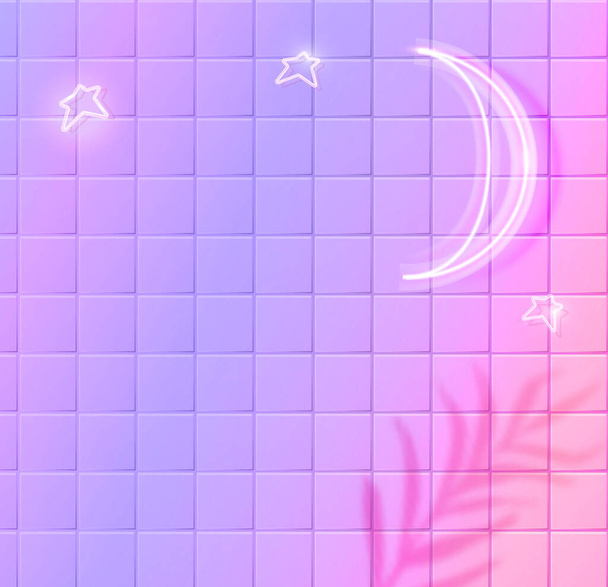 White glowing moon and stars, neon effect on purple ceramic tiles wall. Trendy background with tropic leaves shadow overlay. - Vetor, Imagem
