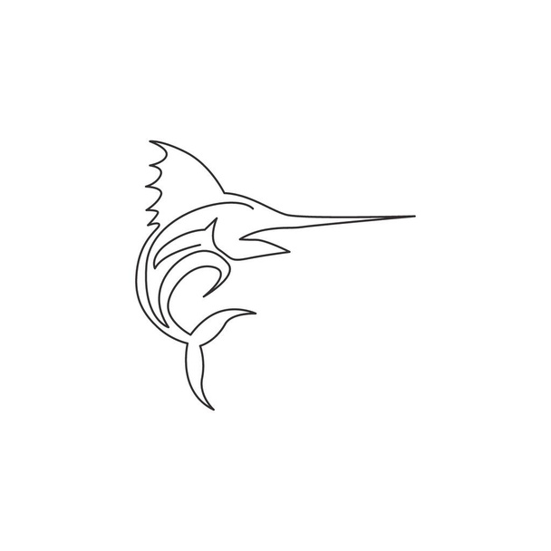 海洋会社のロゴのアイデンティティのための大規模なマリンの単一連続線画。釣り大会のアイコンのためのメカジキのマスコットの概念をジャンプします。グラフィックデザインベクトル図を描く1行 - ベクター画像