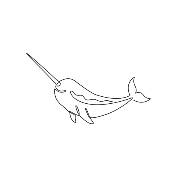 Desenho de linha contínua única de narval adorável para a identidade do logotipo. Narval conceito mascote animal para ícone criatura mágica. Desenho gráfico de uma linha ilustração vetorial - Vetor, Imagem