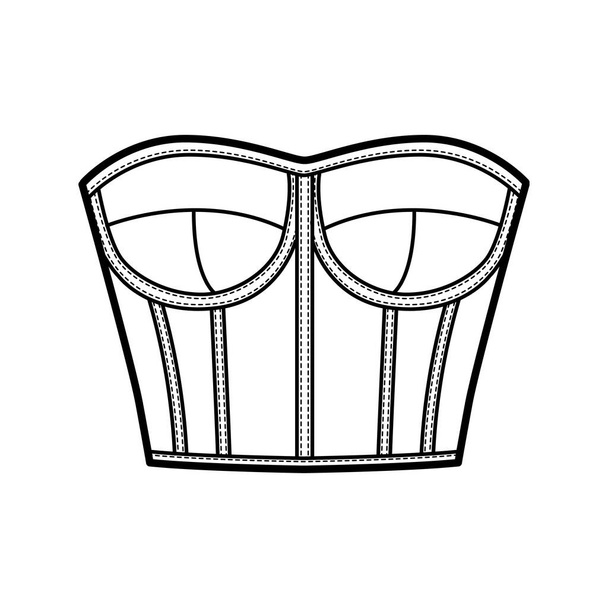 Estilo corsé bustier superior ilustración técnica de moda con copas moldeadas, ajuste cercano, cierre de cremallera trasera, longitud recortada - Vector, imagen