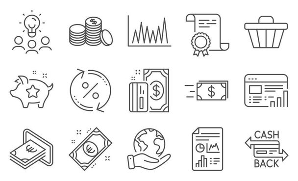 Set of Finance icons, such as Loyalty points, Payment. Diploma, ideas, save planet. Line graph, Web report, Cash. Banking money, Euro money, Shop cart. Vector - Вектор,изображение