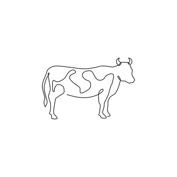 畜産のロゴのアイデンティティのための脂肪牛の一本の線画。家畜のアイコンのための哺乳動物のマスコットの概念。連続線画デザイングラフィックベクトルイラスト - ベクター画像
