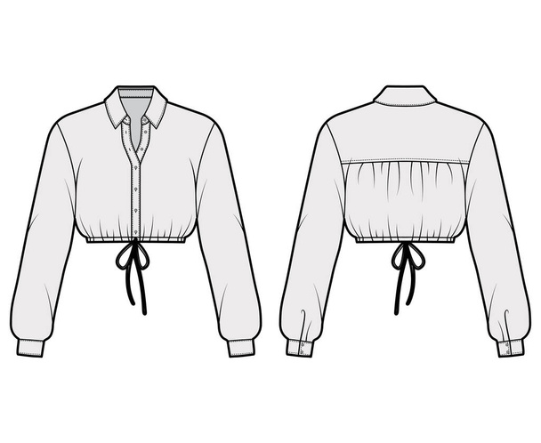 Camisa recortada ilustración técnica de moda con cuello básico, mangas largas, dobladillo con cordón, cierre de botón delantero - Vector, Imagen