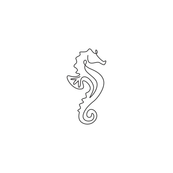 海のロゴのアイデンティティのための海の馬の単一の連続線画。水族館のショーアイコンのための小さな海馬動物マスコットの概念。モダンな1行の図面ベクトルのイラスト - ベクター画像