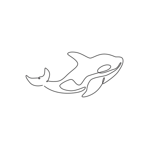 会社のロゴアイデンティティのための大きな愛らしいオルカのシングル連続線画。スキューバダイビングの恋人のアイコンのためのキラークジラマスコットのコンセプト。モダンな1行の図面ベクトルのイラスト - ベクター画像