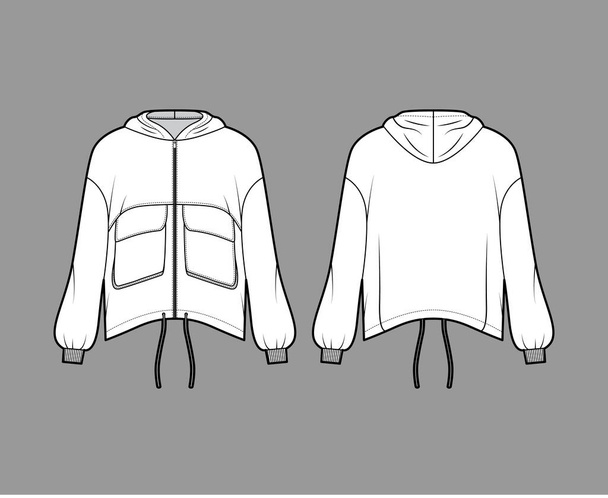 Zip-up encapuzado casaco de pista com capuz ilustração de moda técnica com bolsos de aba utilitário, grandes, mangas compridas,  - Vetor, Imagem