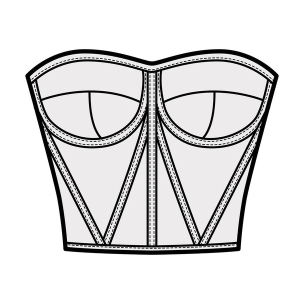 Corset-style bustier top technical fashion illustration with molded cups, close fit, back zip fastening, cropped length - Vector, Image