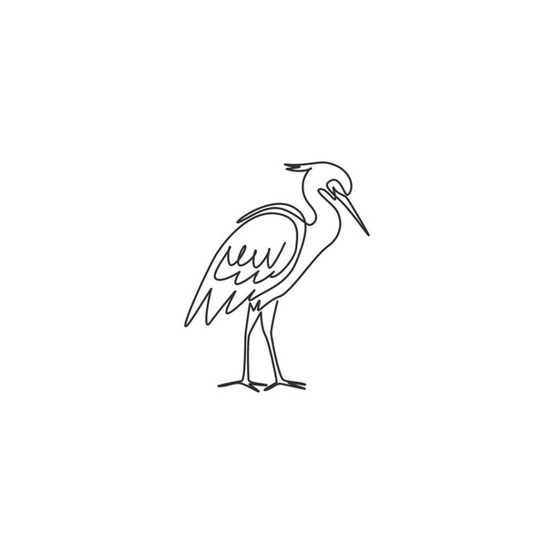 Uma linha contínua desenho de garça de pé bonito para a identidade do logotipo da empresa. Conceito de mascote de pássaro costeiro para ícone do parque nacional. Desenho de linha única moderna desenho vetorial ilustração gráfica - Vetor, Imagem