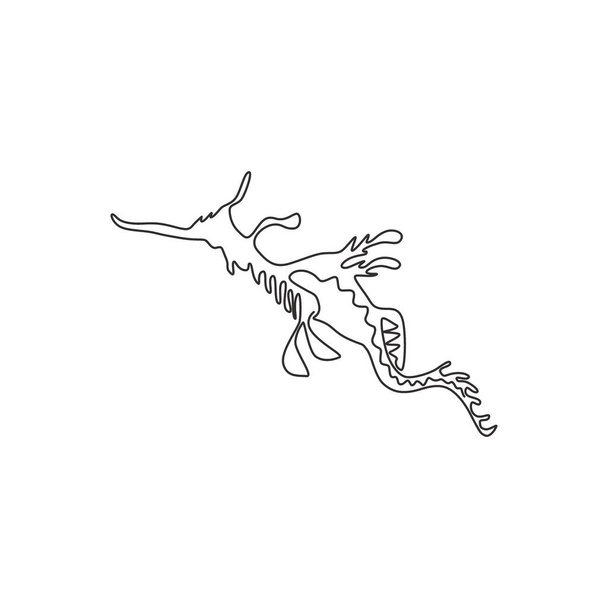 Uma linha contínua de desenho de seadragon folhosos bonitos para identidade logotipo aquático. Camuflagem conceito mascote animal para ícone mundo do mar show. Desenho de linha única moderna ilustração vetorial de design gráfico - Vetor, Imagem