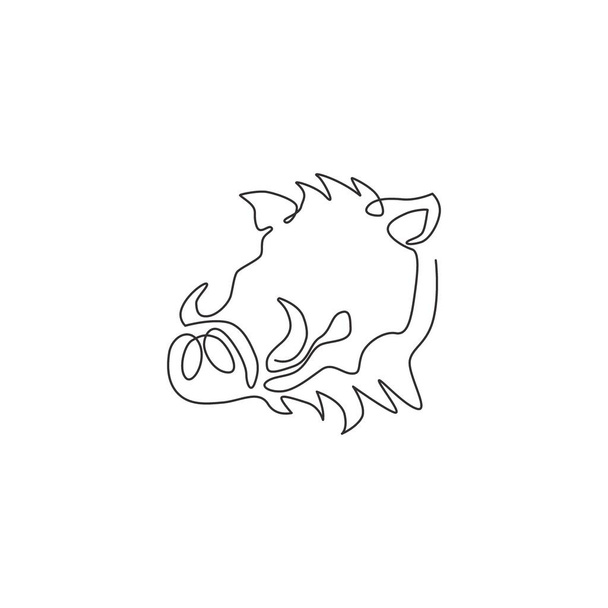 会社のロゴのアイデンティティのための無慈悲な共通のwarthogヘッドの単一のライン図面。国家動物園のアイコンのための草原アフリカ豚マスコットの概念。現代の連続線画ベクトル図 - ベクター画像
