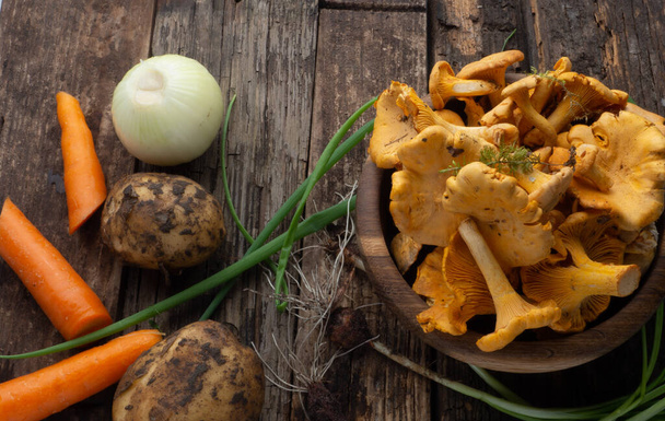 Ingredientes para deliciosa sopa vegana de champiñones, con cebolla, zanahoria, papas sobre fondo rústico de madera - Foto, imagen