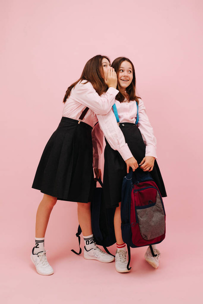 Beautiful little twin schoolgirls happily posing with their backpacks, looking at the camera. Low angle. Over pink background, studio shot. One of them wispers in a second one's ear. - Photo, image