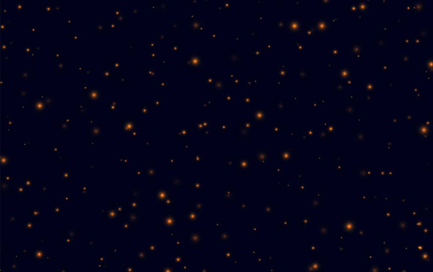 Orange sparkles on a dark blue background, fireflies flying in the night. Abstract lightning bugs in the evening sky. - Vector, Image
