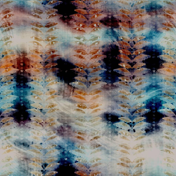 Blurry watercolor glitch creative foliage texture background. Irregular bleeding tie dye seamless pattern. Ombre distorted boho batik all over print. Variegated moody dark leaf wet effect. - Photo, Image