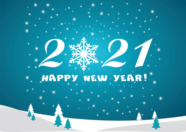 2021 Boldog új évet kék háttér fehér csillagok és hópelyhek a szezonális szórólapok vagy karácsony. - Vektor, kép