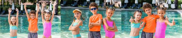 collage of curly boy and girls in swimsuits standing with hands in air, crossed arms, showing thumbs up near pool, panoramic shot - Photo, Image