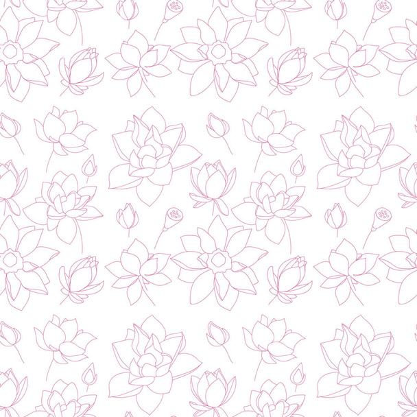 Seamless pattern of lotus flowers. Sketch floral botany collection in outline black and white style. - Vector illustration - Vector, Image