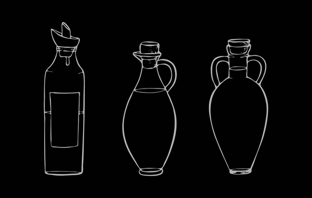скляні пляшки з пробками, оливковою олією, кокосовим горіхом, соняшником, кунжутом, конопель та іншими оліями. Векторні ілюстрації для дизайну упаковки продуктів харчування, косметика, меню ресторану, листівки
 - Вектор, зображення