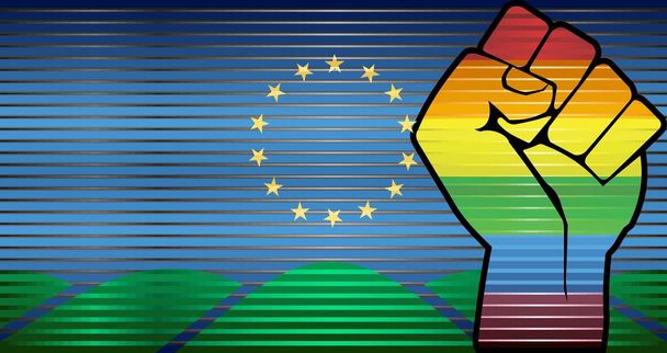 Puño de protesta LGBT brillante en un Montpelier - Ilustración, grunge abstracto Montpelier y bandera LGBT - Vector, imagen