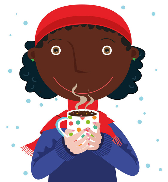 Dark skinned woman in a hat and scarf holding a cup of hot chocolate - Vector, Image