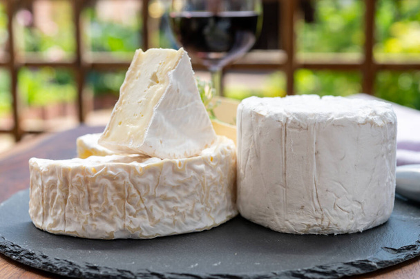 Коллекция французских сыров, кусочки камамбера и коровьего молока Le Bleu голубой сыр с белой плесенью и бокалом красного вина, совместное питание и напитки, закрыть
 - Фото, изображение