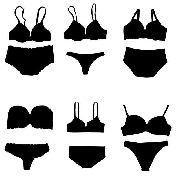 vector, isolated, black silhouette of lingerie, underpants and bra, set - Вектор, зображення