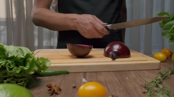 Profi-Koch bereitet und schneidet rote Zwiebeln. Zeitlupe in Großaufnahme - Filmmaterial, Video