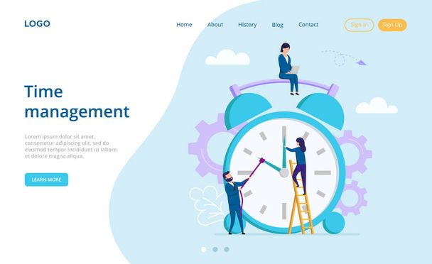 Planning And Teamwork Concept. Website Landing Page. Male And Female Characters Trying To Turn Time Back On A Big Alarm Clock. Time Is Money And Management. Web Page Vector Illustration In Flat Style - Vector, Image