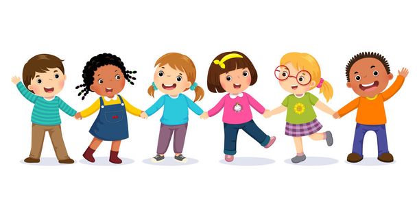 Группа счастливых детей держатся за руки. Концепция дружбы - Вектор,изображение
