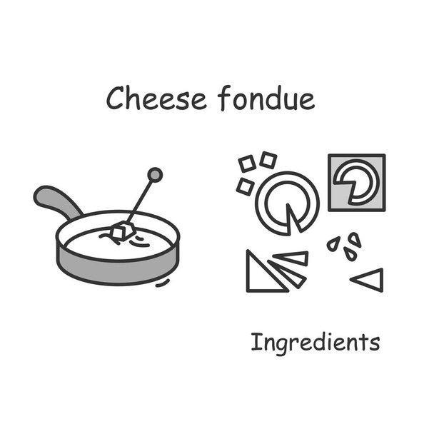 Ikona fondue serowego. Szwajcaria topiony ser dip porcja i składniki prosty wektor ilustracja - Wektor, obraz