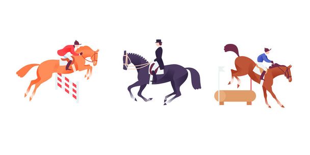 Conjunto de ícones equestres, cavalo esporte clip art, show jumping, dressage e competição cruzada  - Vetor, Imagem