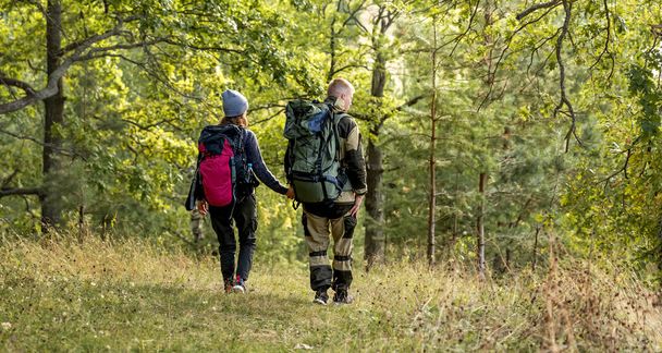 A young girl and her boyfriend are walking in the forest, enjoying nature. The girl points up. Photo taken from behind. - Foto, Imagem