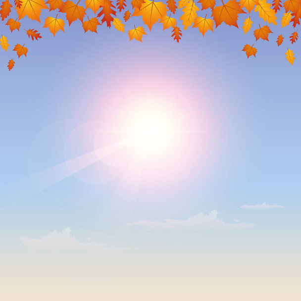 опадающие осенние листья на солнечном фоне неба - Вектор,изображение