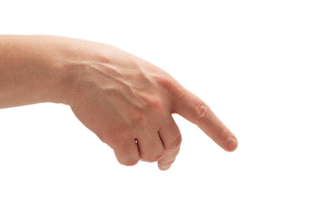 Homme pointant ou touchant à la main isolé sur fond blanc.  - Photo, image