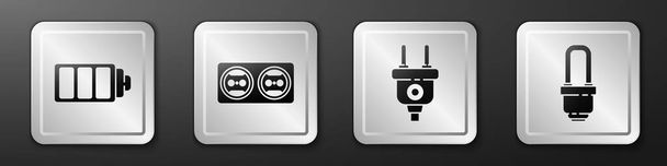 Set Battery charge level indicator, Electrical outlet, Electric plug and LED light bulb icon. Silver square button. Vector. - Vector, Image