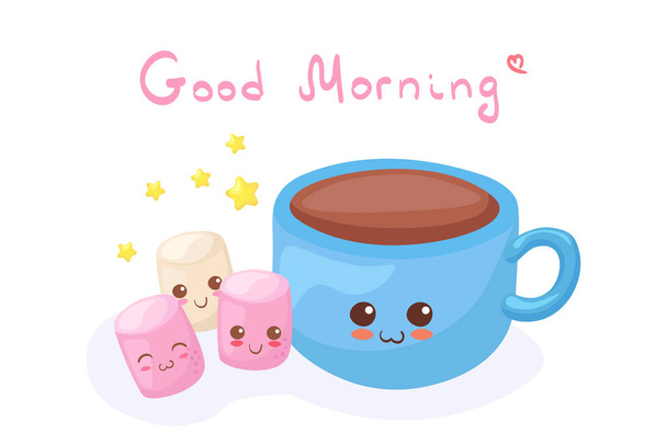 Kawaii Cup of Cocoa & Marshmallow vector characters isolated on white background. Funny smiling mug with hot chocolate. Cute food mascot illustration with lettering. Greeting card, print, menu design. - Vector, Image