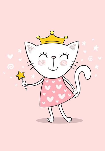 Pretty little kitty girl with magic wand. Little princess vector flat illustration. Happy birthday, kids fashion, cartoon hand drawn hero - Vektör, Görsel