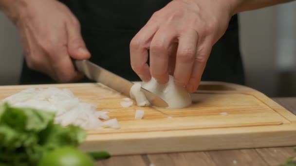 Ammattimainen kokki valmistaa ja leikkaa valkoista sipulia. Sulje hidas liike - Materiaali, video