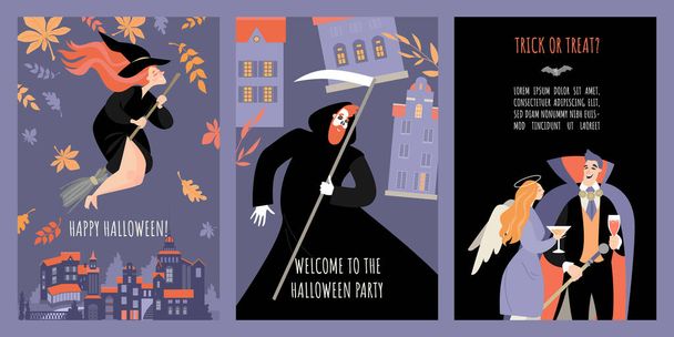 Set di banner di invito vettoriale per la festa di Halloween con personaggi divertenti dei cartoni animati in costume e streghe che sorvolano la città. Illustrazioni in stile piatto - Vettoriali, immagini
