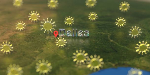 Sunny weather icons near Dallas city on the map, weather forecast related 3D rendering - Foto, Imagem